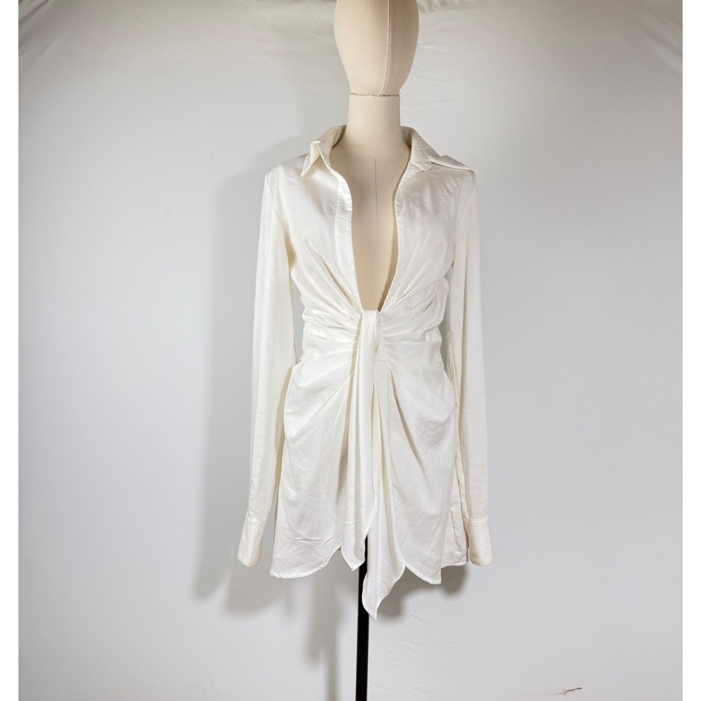 Choosy White Ruched Plunging V-Neck Long Sleeve Mini Dress 1806DR60 Size 4